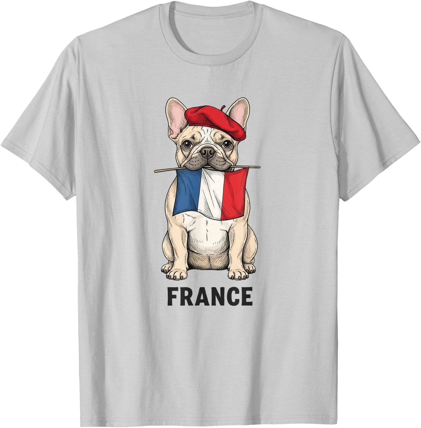 French Bulldog with Flag Beret France Art Travel Souvenir T-Shirt - T-Shirt | Ash