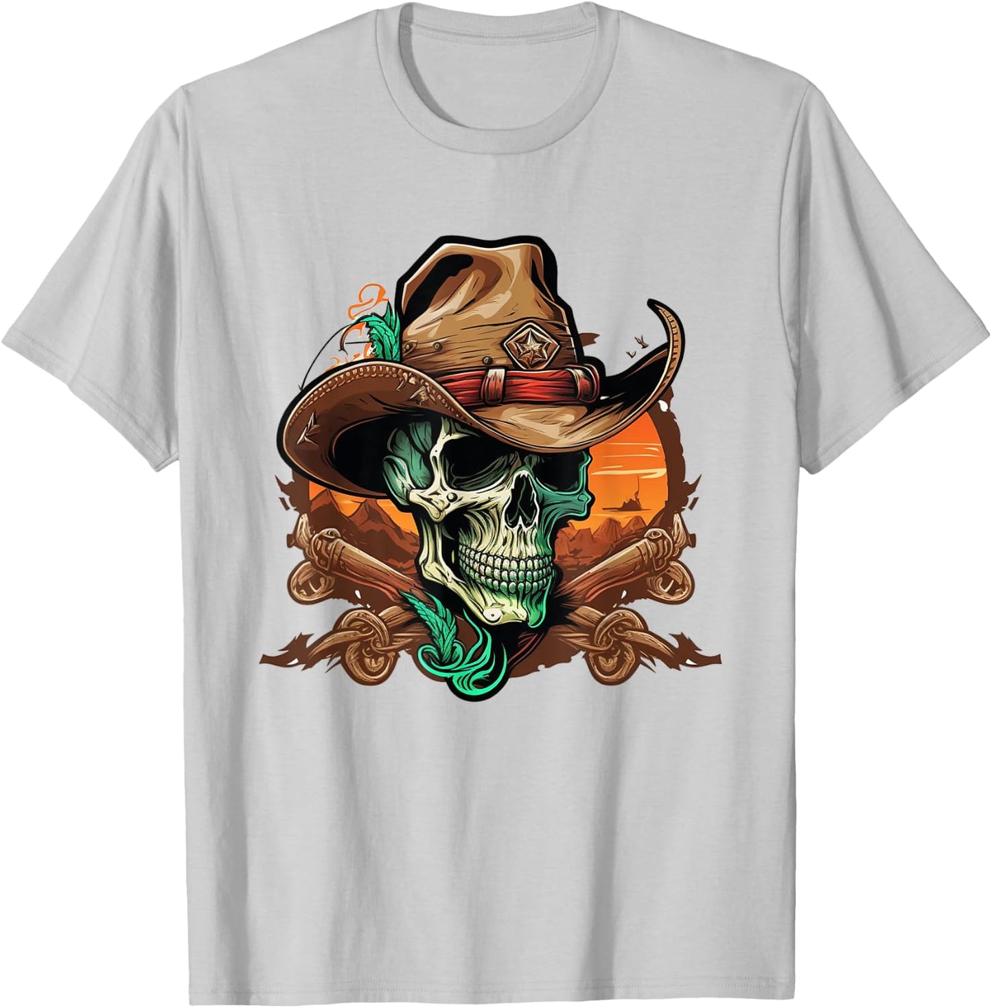 Skull Wearing Cowboy Hat Skeleton T-Shirt - T-Shirt | Ash