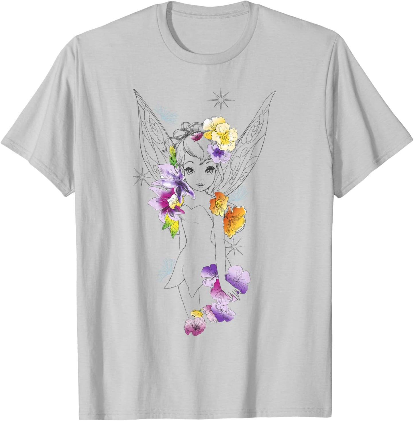 Disney Peter Pan Tinker Bell Outline Floral Sketch Portrait T-Shirt - T-Shirt | Ash