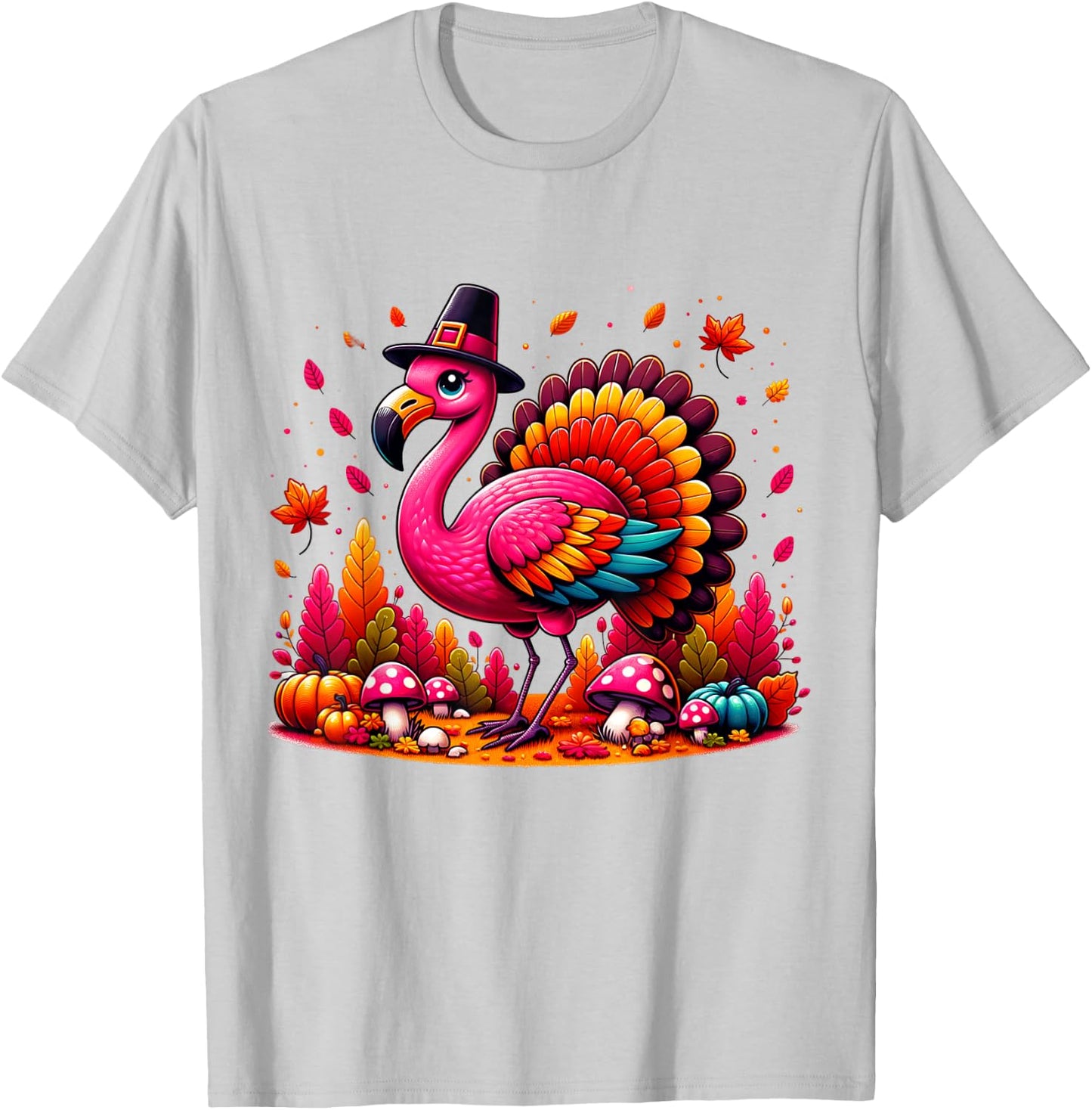 Flamingo Turkey Cute Flamingo Turkey Fall Leaf Thanksgiving T-Shirt - T-Shirt | Ash