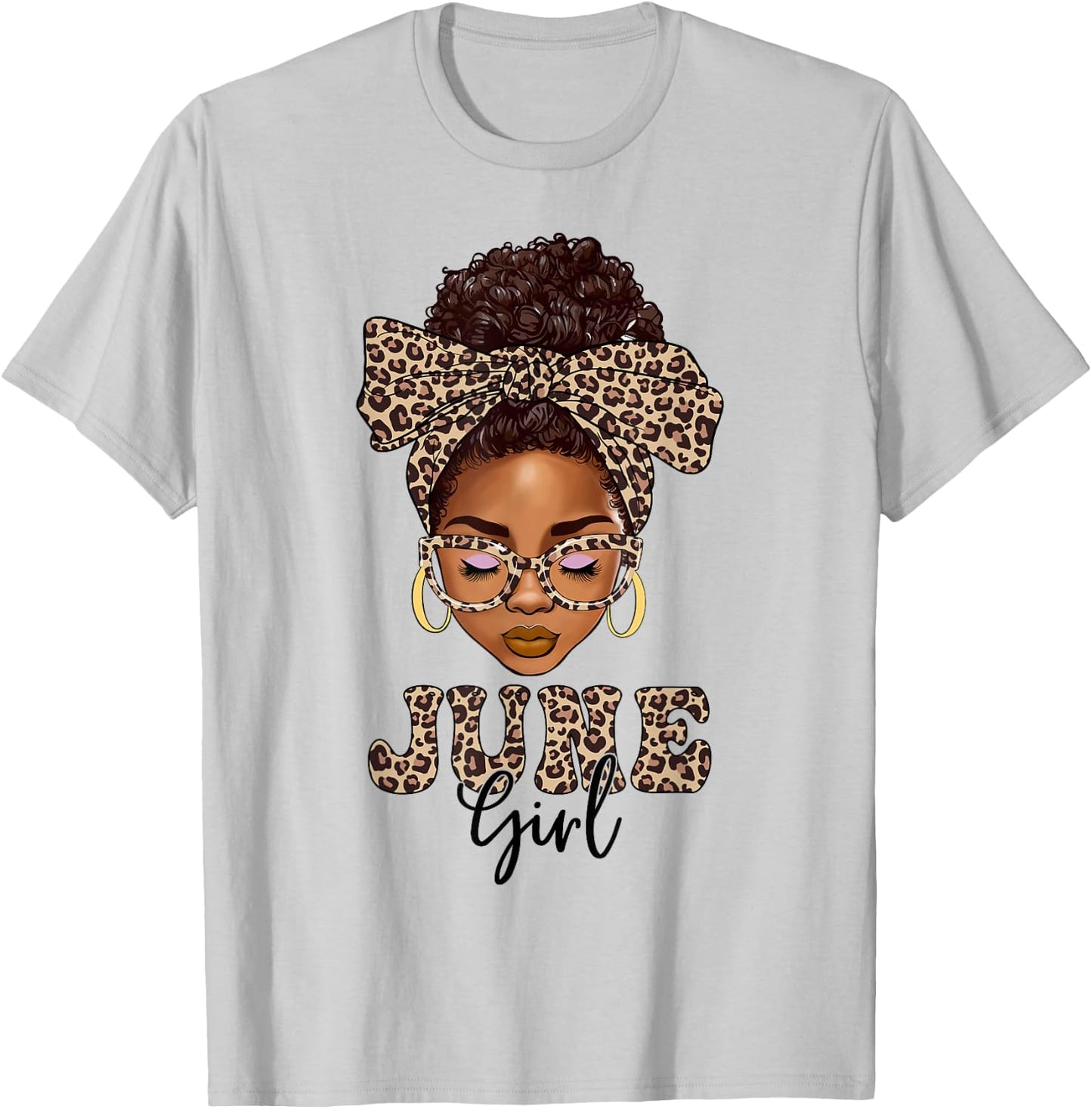 June Girls Messy Bun Leopard Black Women Birthday T-Shirt - T-Shirt | Ash