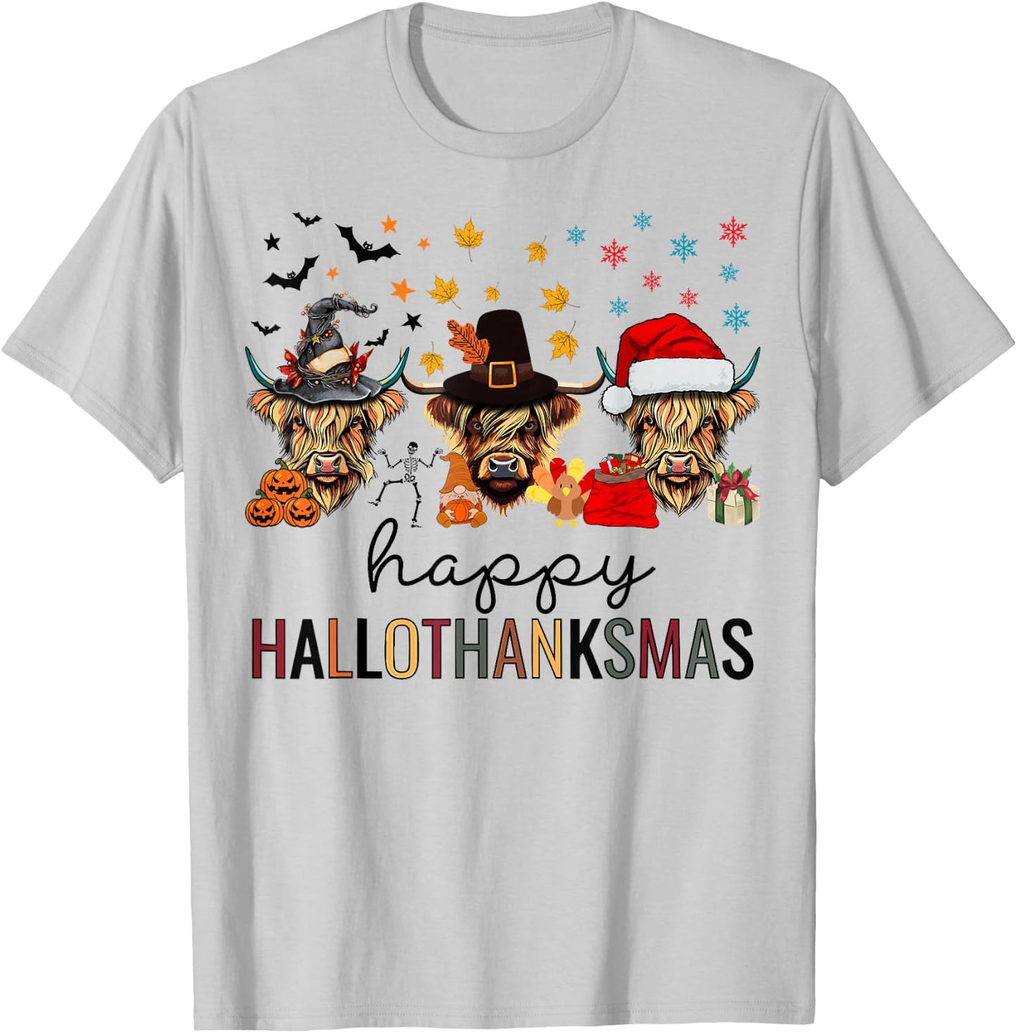 Happy Hallothanksmas Highland Cow Halloween Christmas T-Shirt - T-Shirt | Ash