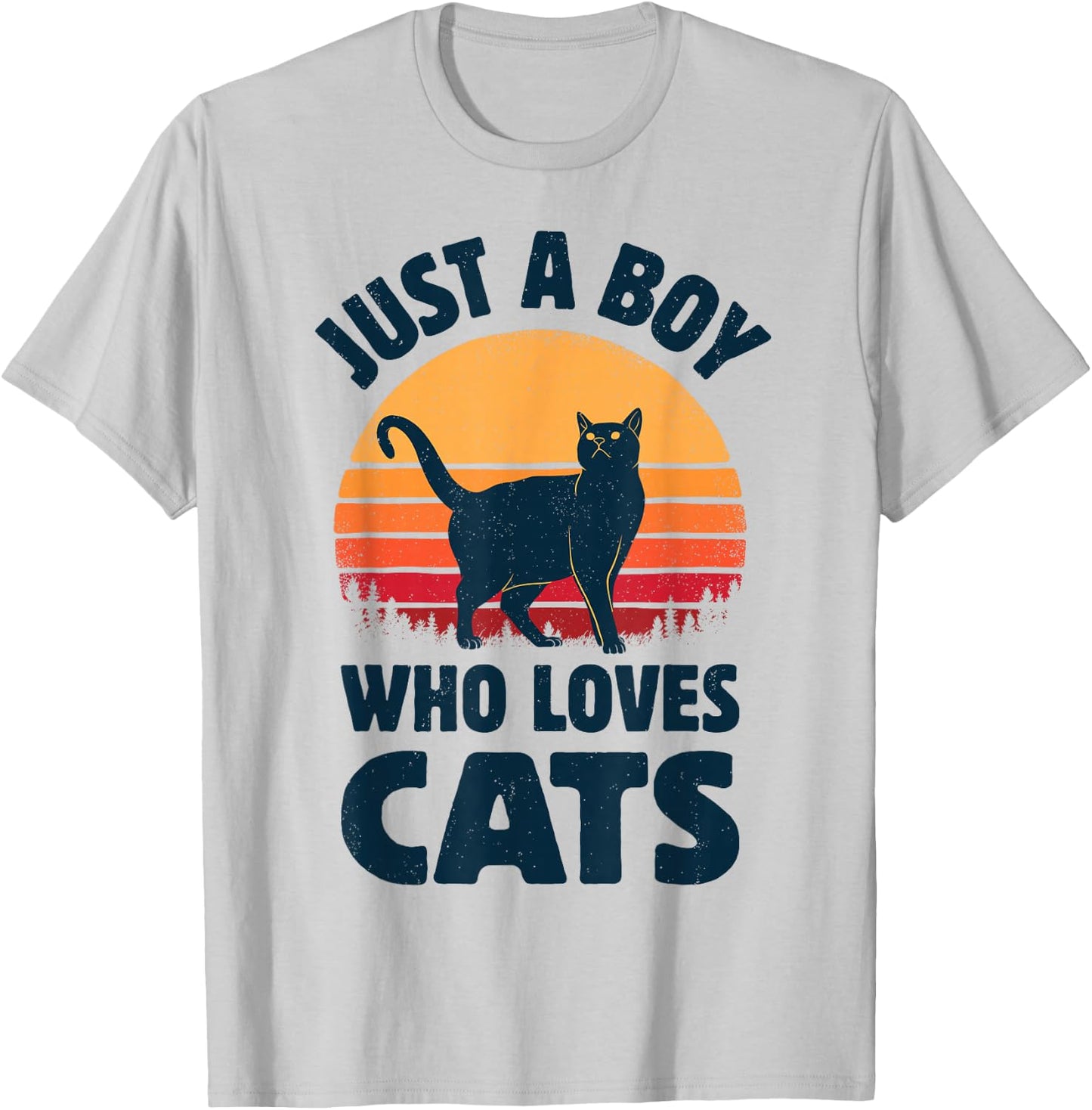 Cat Just A Boy Who Loves Cats Men Retro Vintage Sunset T-Shirt - T-Shirt | Ash