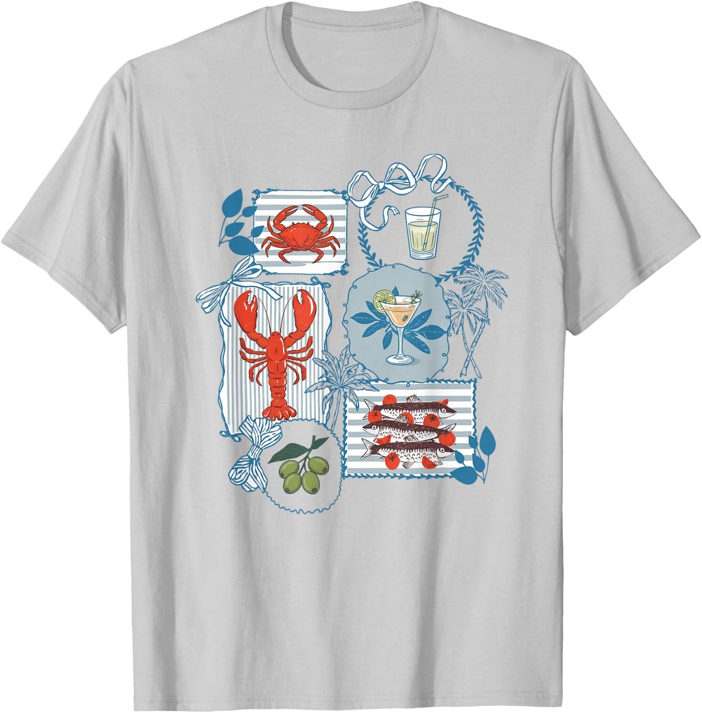 Aesthetic Italian Summer Coastal Chic Lobster Crab Sardines T-Shirt - T-Shirt | Ash