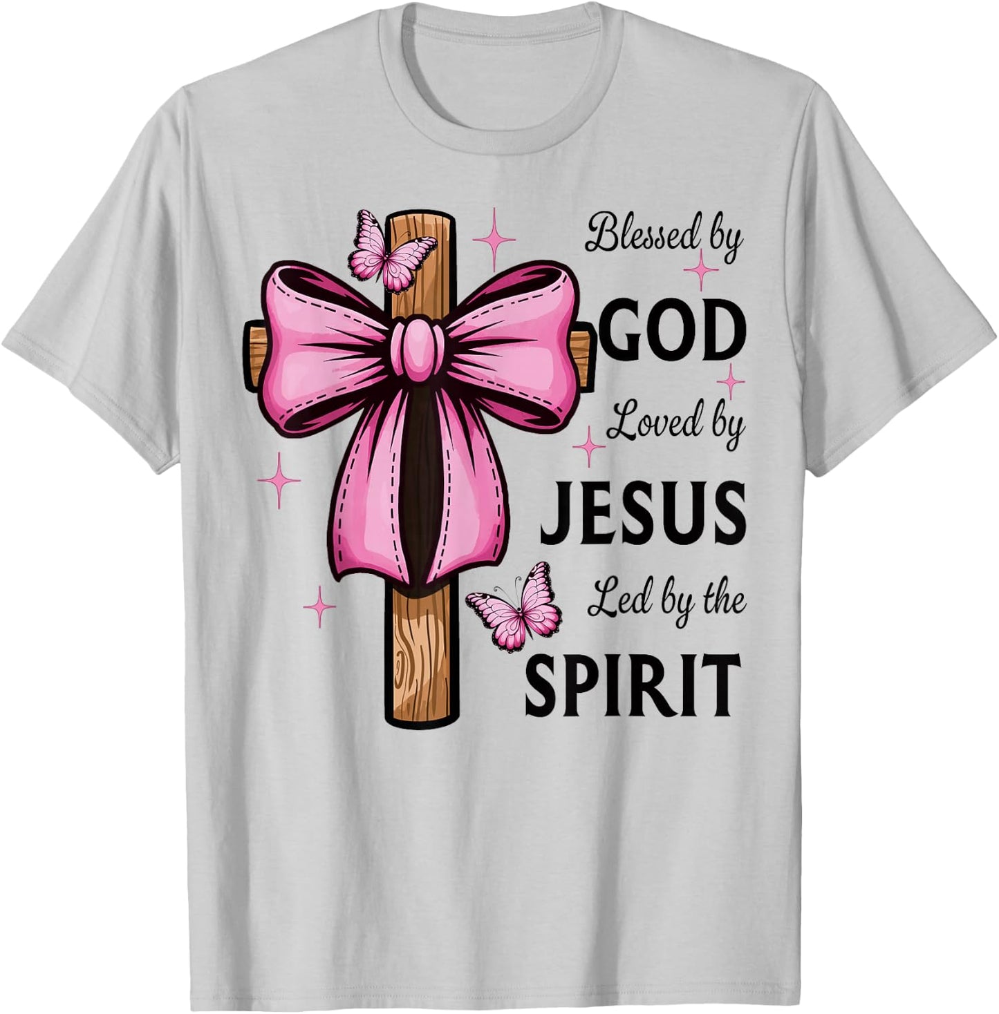 Blessed by God Loved by Jesus Pink Coquette Bow and Cross T-Shirt - T-Shirt | Ash