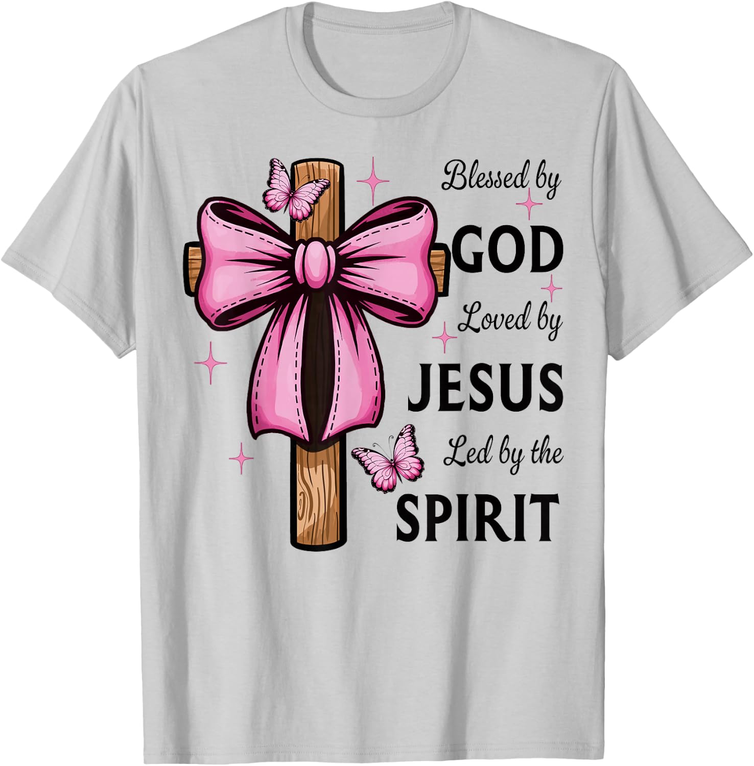 Blessed by God Loved by Jesus Pink Coquette Bow and Cross T-Shirt - T-Shirt | Ash