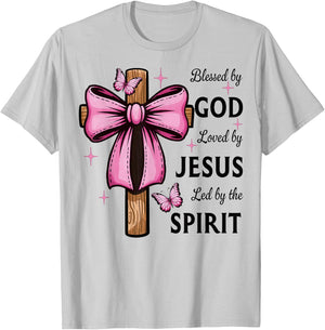 Blessed by God Loved by Jesus Pink Coquette Bow and Cross T-Shirt - T-Shirt | Ash