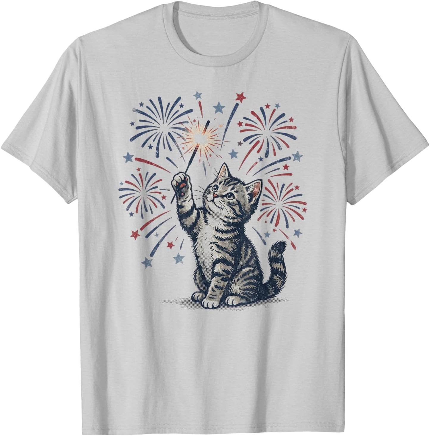 Vintage Patriotic Cat Sparkler 4th of July T-Shirt - T-Shirt | Ash