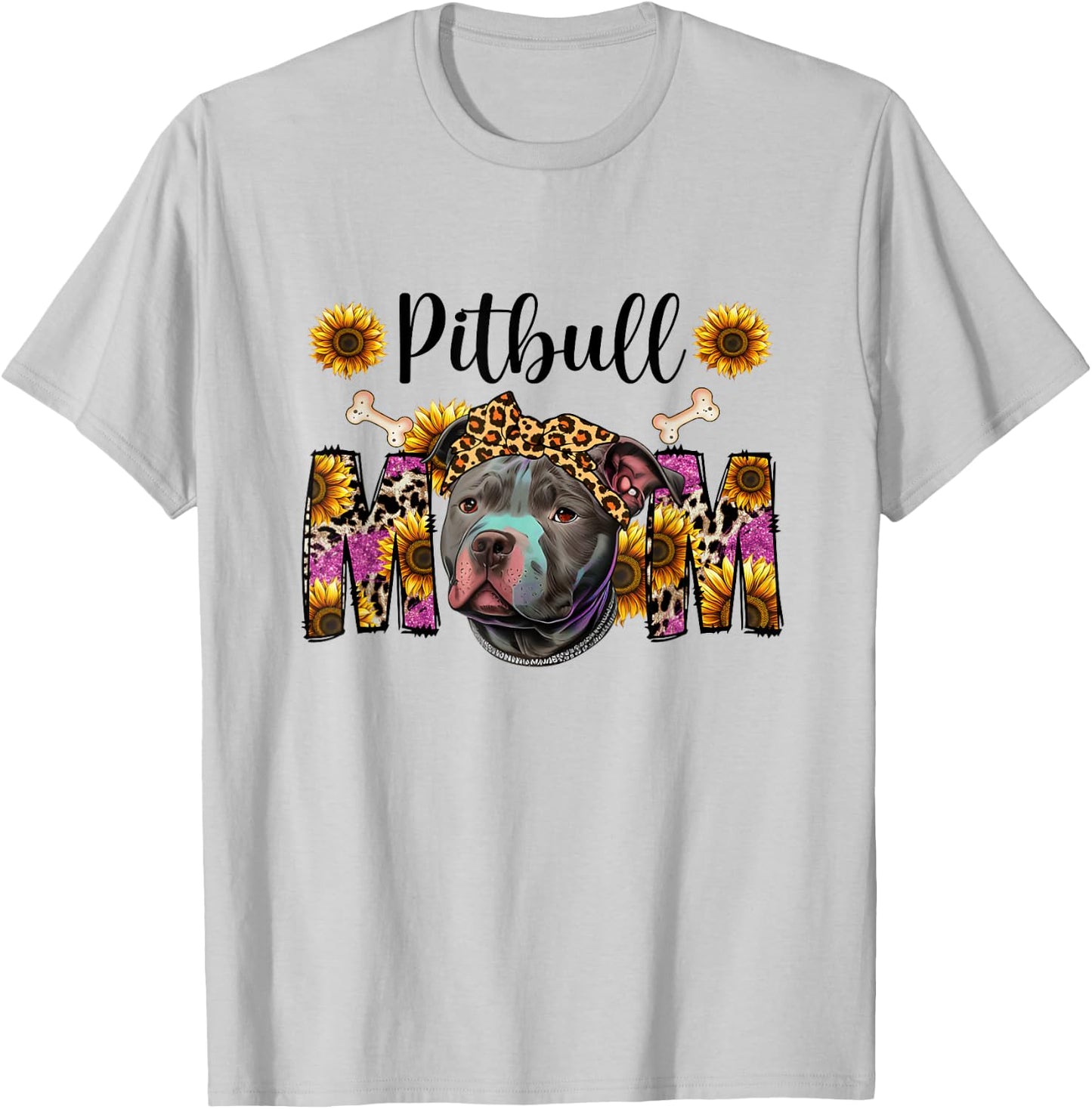 Pitbull Mom Graphic Design with Sunflowers T-Shirt - T-Shirt | Ash