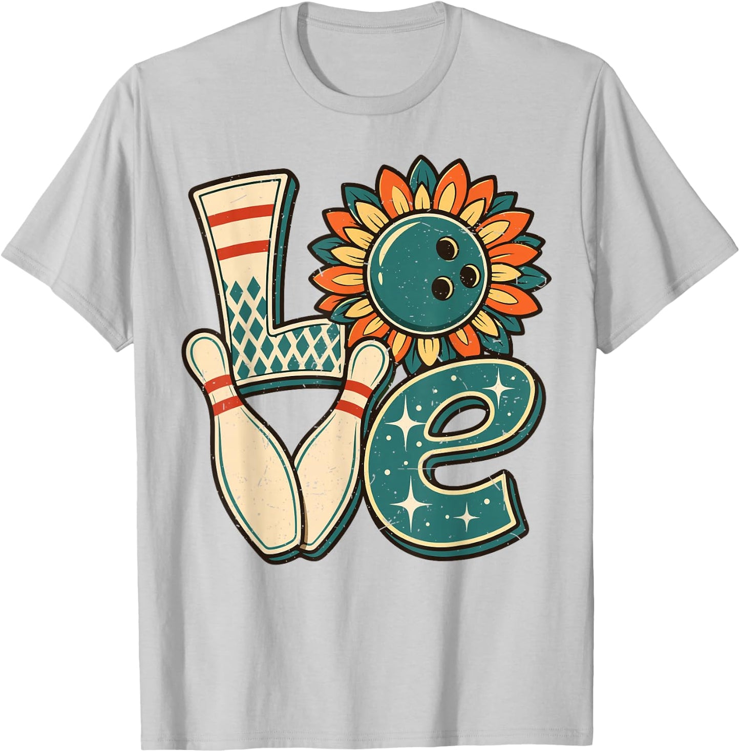 Women Bowling-Shirt Love Bowl Ball Sunflower Vintage Retro T-Shirt - T-Shirt | Ash