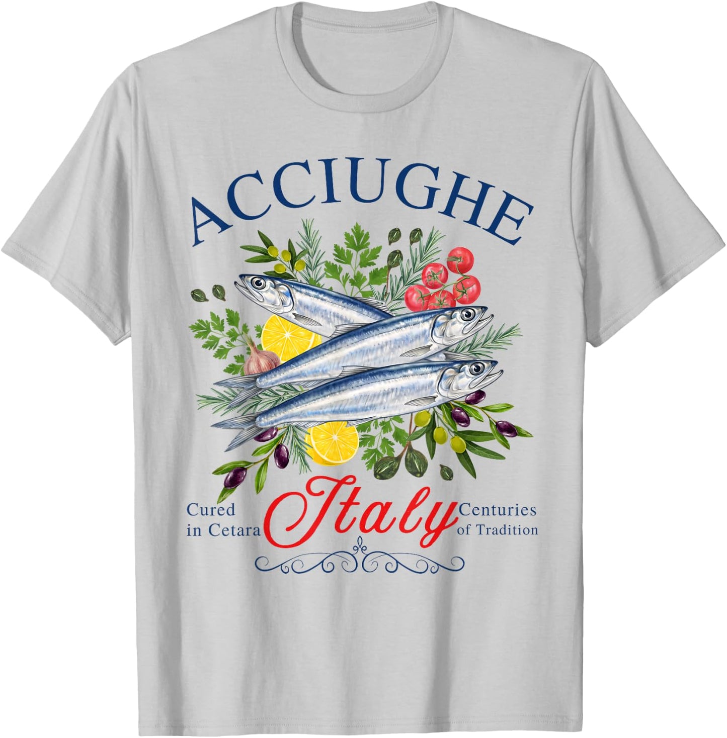 Italian Anchovies Lemon Olives Mediterranean Coastal Food T-Shirt - T-Shirt | Ash