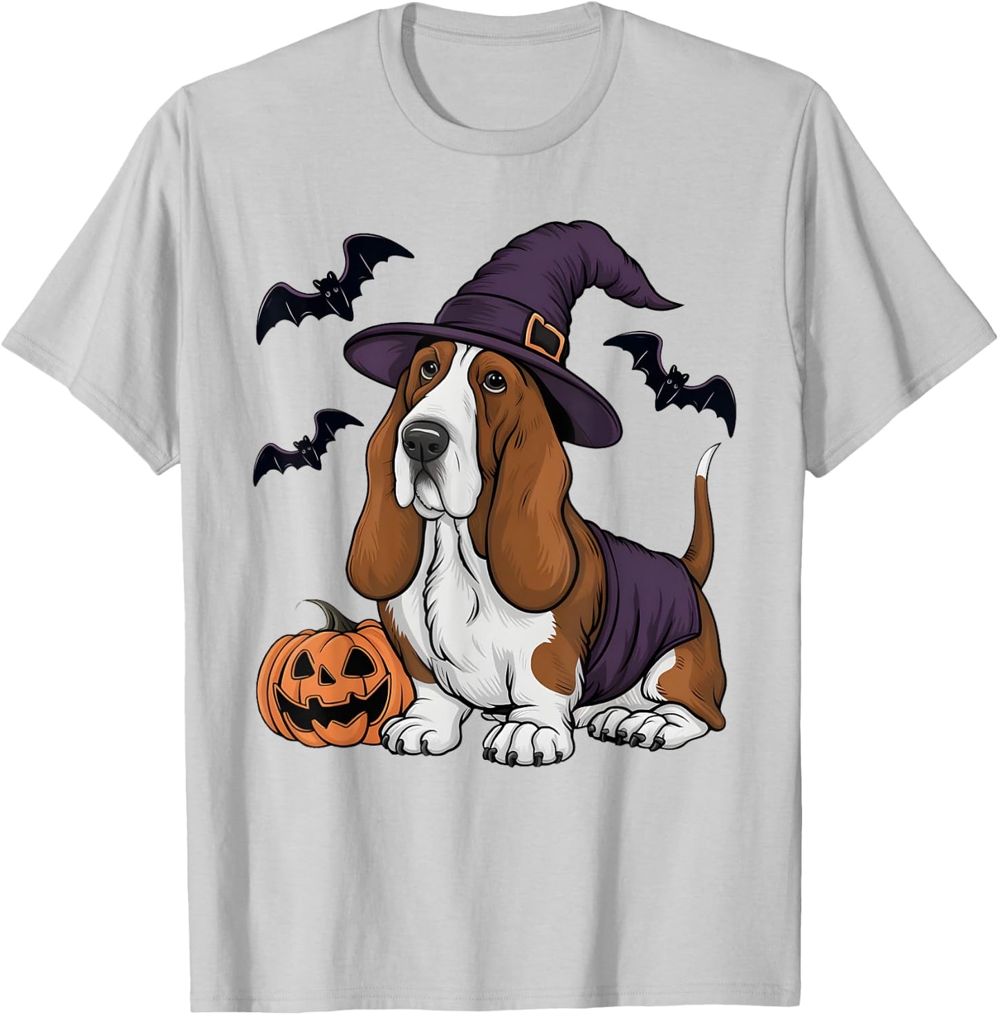 Pumpkin Bat Witch Costume Basset Hound Dog Halloween T-Shirt - T-Shirt | Ash