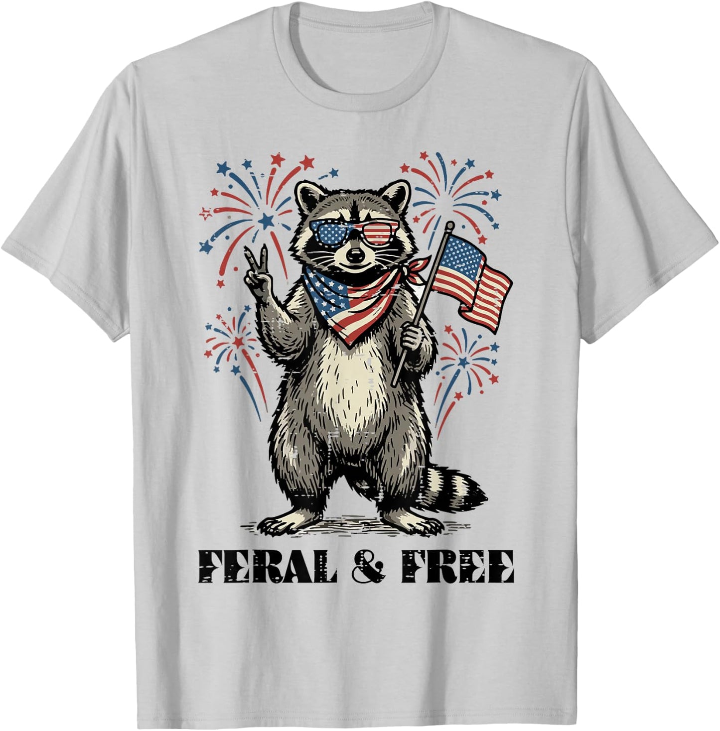 Raccoon Feral and Free US Flag 4th of July Men Women Kids T-Shirt - T-Shirt | Ash