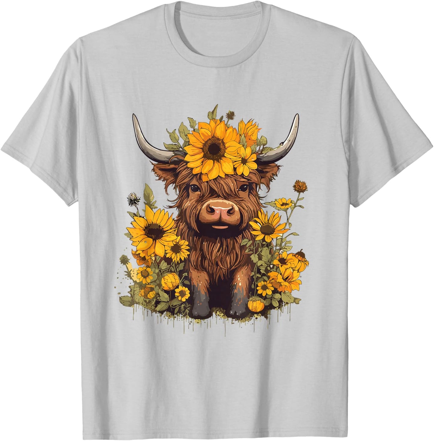 Scottish Highland Cow Sunflowers Heifer Country Farmer Girl T-Shirt - T-Shirt | Ash