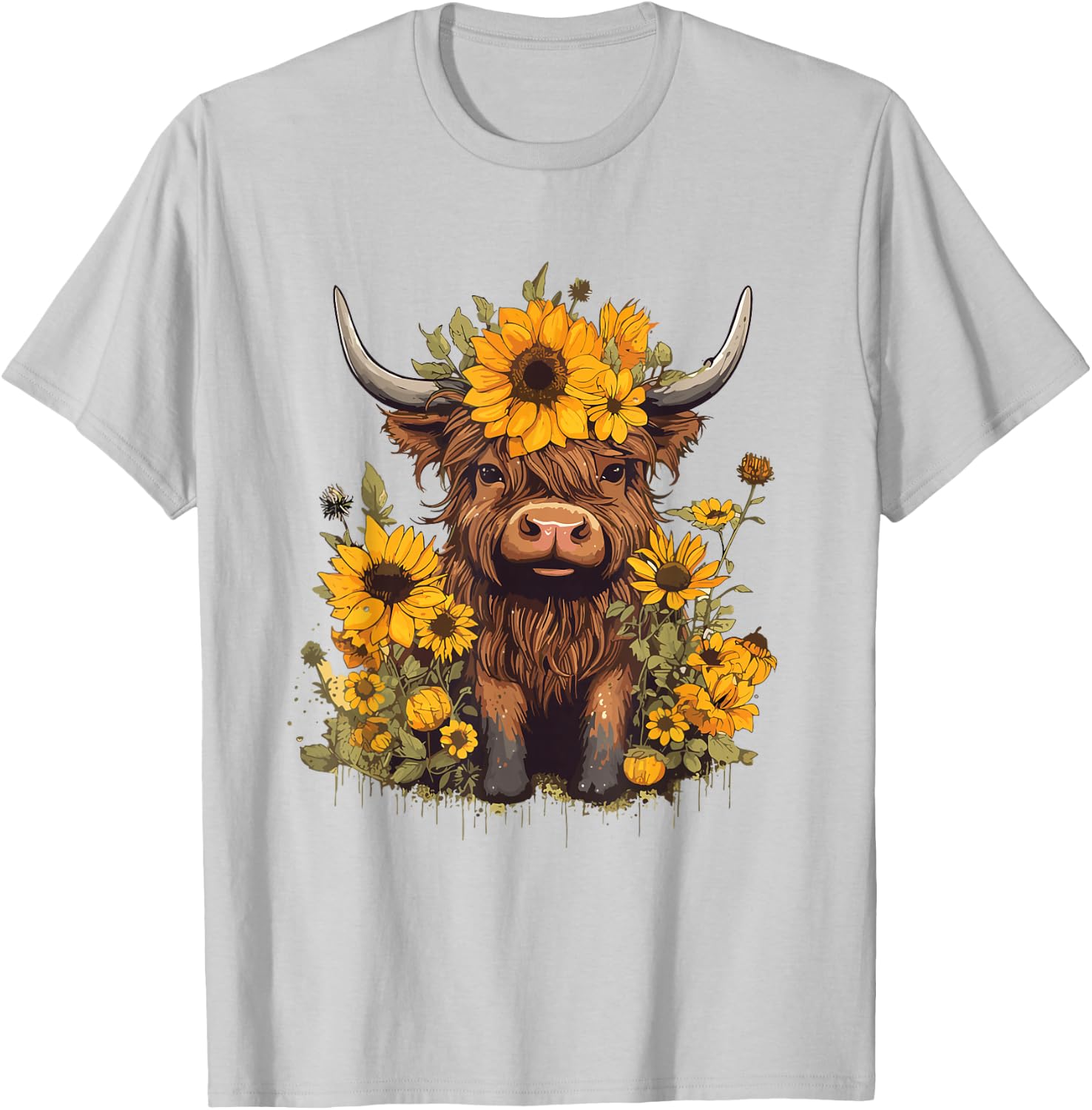 Scottish Highland Cow Sunflowers Heifer Country Farmer Girl T-Shirt - T-Shirt | Ash