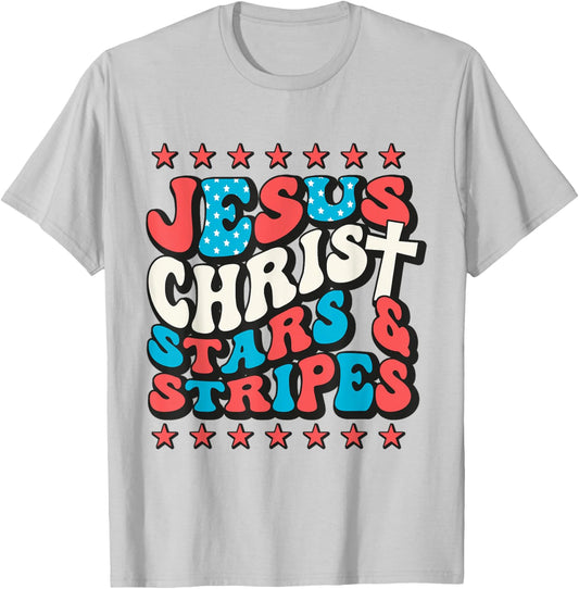 Jesus Christ Stars & Stripes Retro 4th of July Christian USA Kids Men T-Shirt - T-Shirt | Ash