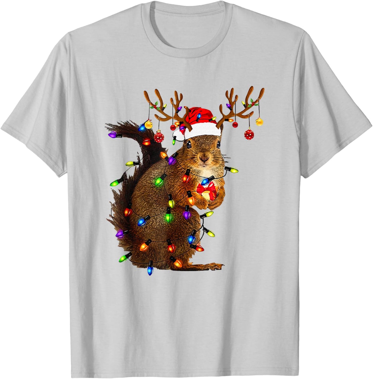Cute Squirrel Christmas Xmas Lights Santa Squirrel Women Men T-Shirt - T-Shirt | Ash