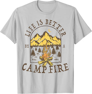 Life is Better By A Campfire Camping Hiking Fishing Outdoor T-Shirt - T-Shirt | Ash