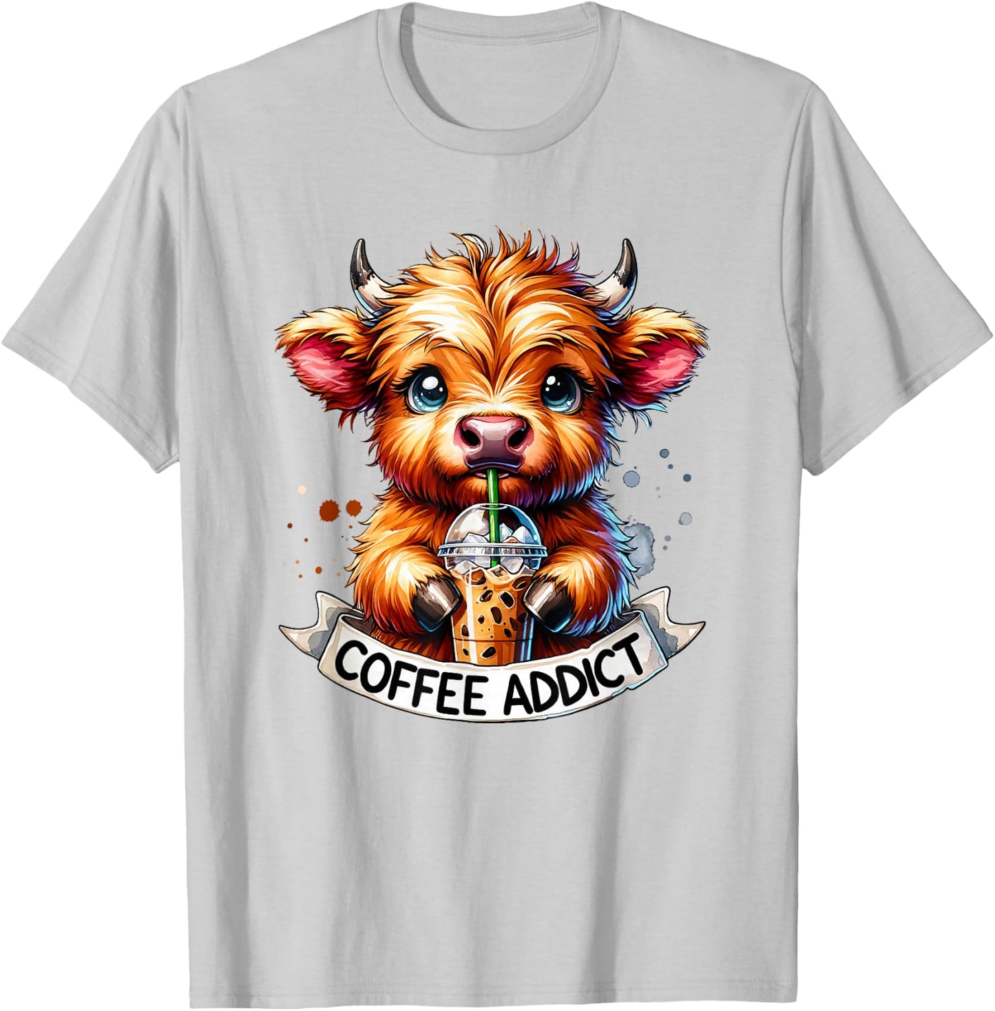 Cute Highland Cow Coffee Addict T-Shirt - T-Shirt | Ash