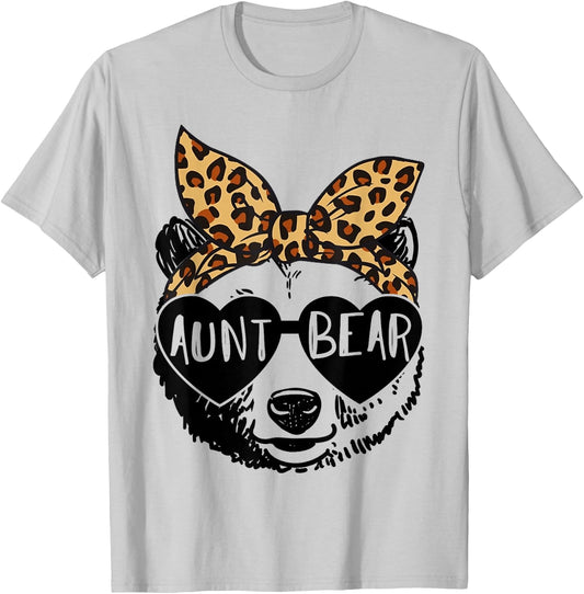 Aunt Bear Face Sunglasses Leopard Print Auntie Mother's Day T-Shirt - T-Shirt | Ash