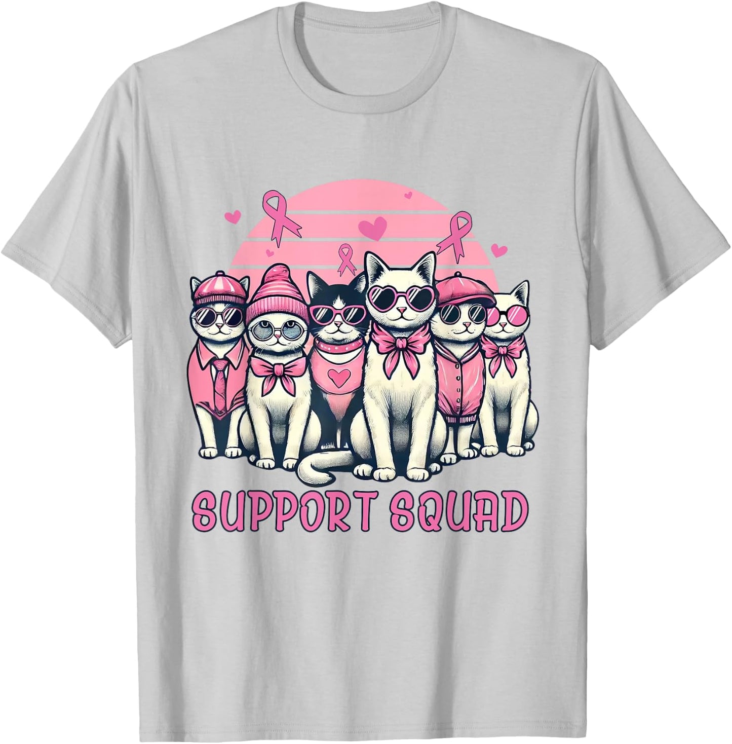 Support Squad Breast Cancer Women Cat Lover Pink Ribbon T-Shirt - T-Shirt | Ash