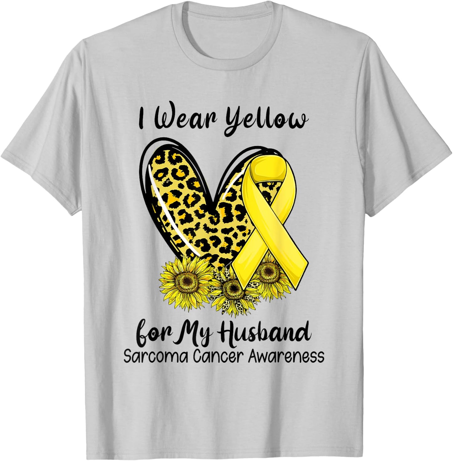 Leopard Heart I Wear Yellow For My Husband Sarcoma Cancer T-Shirt - T-Shirt | Ash