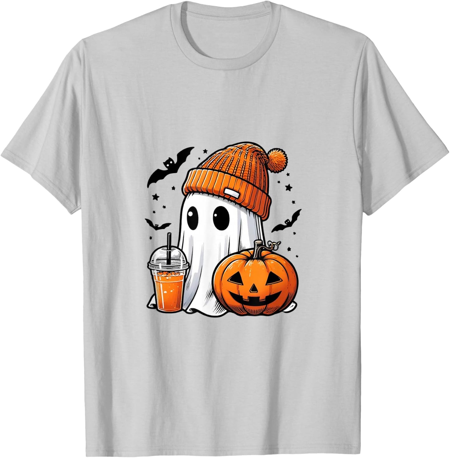 Cute Halloween Ghost with Pumpkin T-Shirt - T-Shirt | Ash