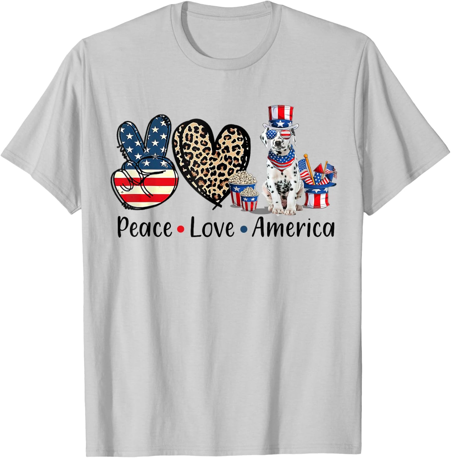 Peace Love Dalmatian Dog Patriotic America Flag 4th July Men Women T-Shirt - T-Shirt | Ash