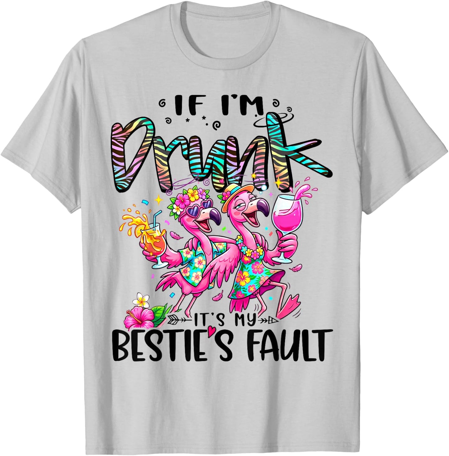 If I'm Drunk It's My Bestie's Fault Flamingo Couple Drinking T-Shirt - T-Shirt | Ash