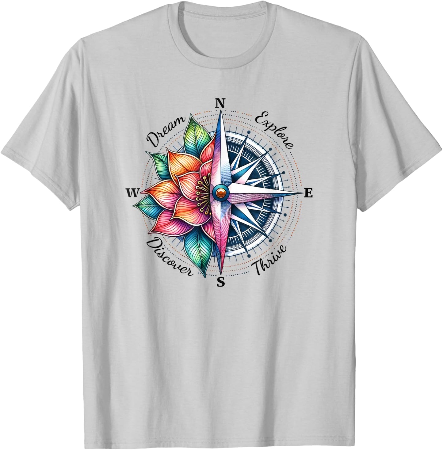 Traveler Compass Dream Explore Discover Thrive Adventure T-Shirt - T-Shirt | Ash