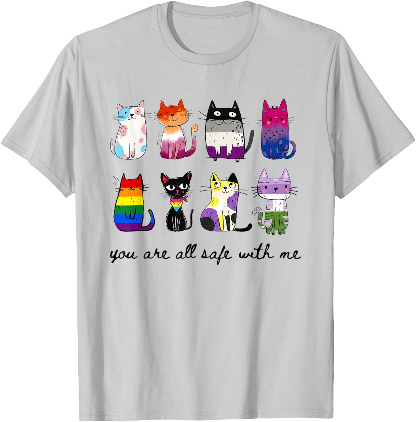 You are All Safe with Me Inclusive Pride Multi Flag LGBT Cat T-Shirt - T-Shirt | Ash