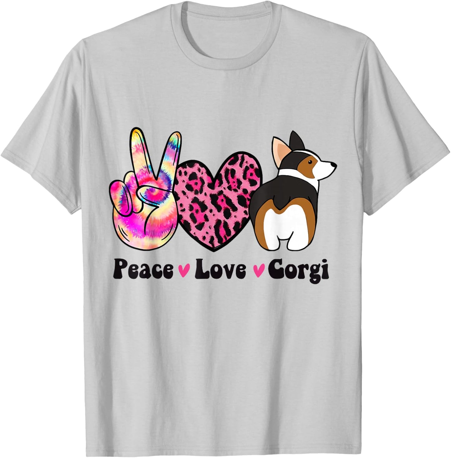 Tie Dye Peace Love Leopard Print Tricolor Corgi Dog Lover T-Shirt - T-Shirt | Ash