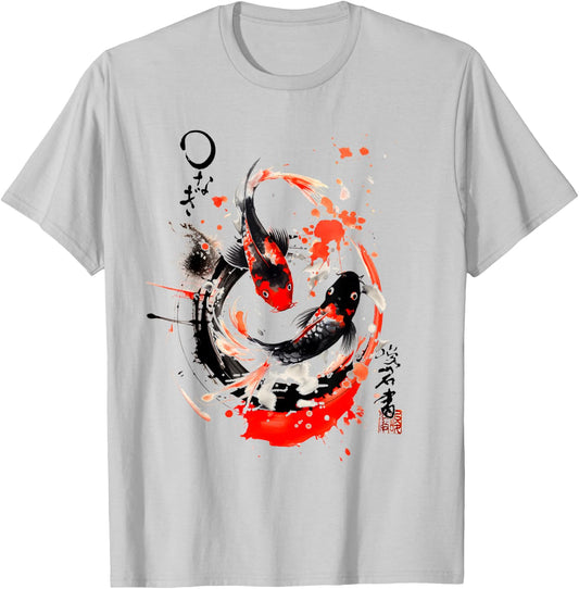 Japanese Koi Carp Fish Sakura Japan Art sumi-e Karpfen T-Shirt - T-Shirt | Ash