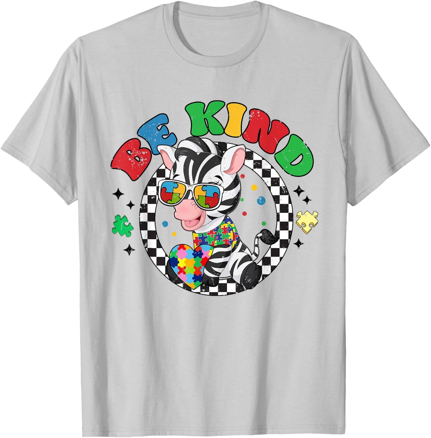 Retro Groovy Be Kind Zebra Sunglasses Autism Awareness T-Shirt - T-Shirt | Ash