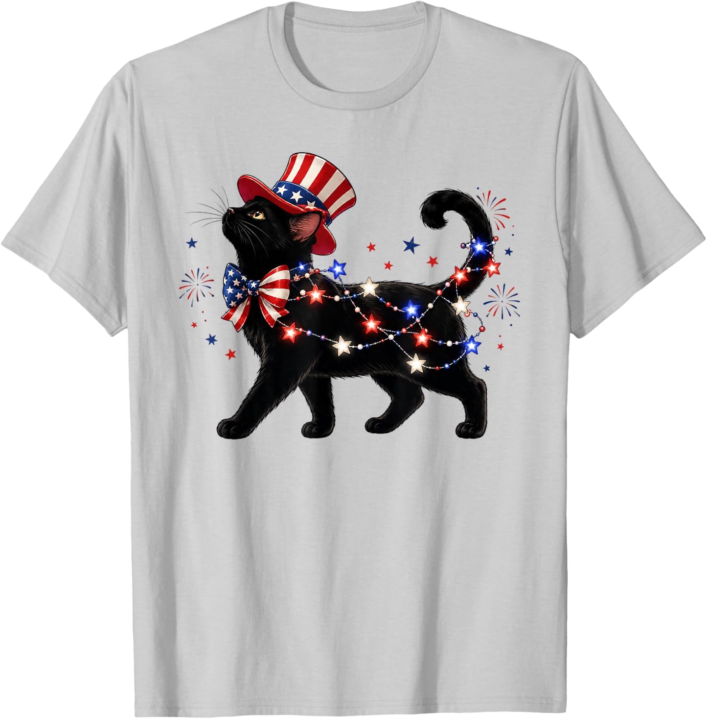Patriotic Black Cat and Fireworks 4th of July Cat Lovers T-Shirt - T-Shirt | Ash
