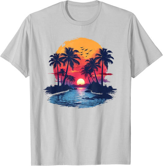 Tropical Paradise Beach with Palm Trees , White T-Shirt - T-Shirt | Ash