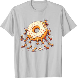 Cute Ants Carrying Giant Donut Funny Foodie Graphic T-Shirt - T-Shirt | Ash