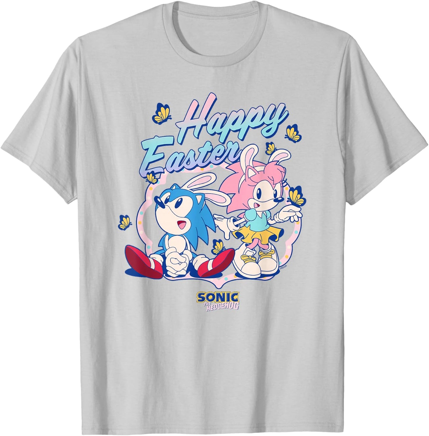 Sonic The Hedgehog Happy Easter Cute Sonic Amy Chest Logo T-Shirt - T-Shirt | Ash