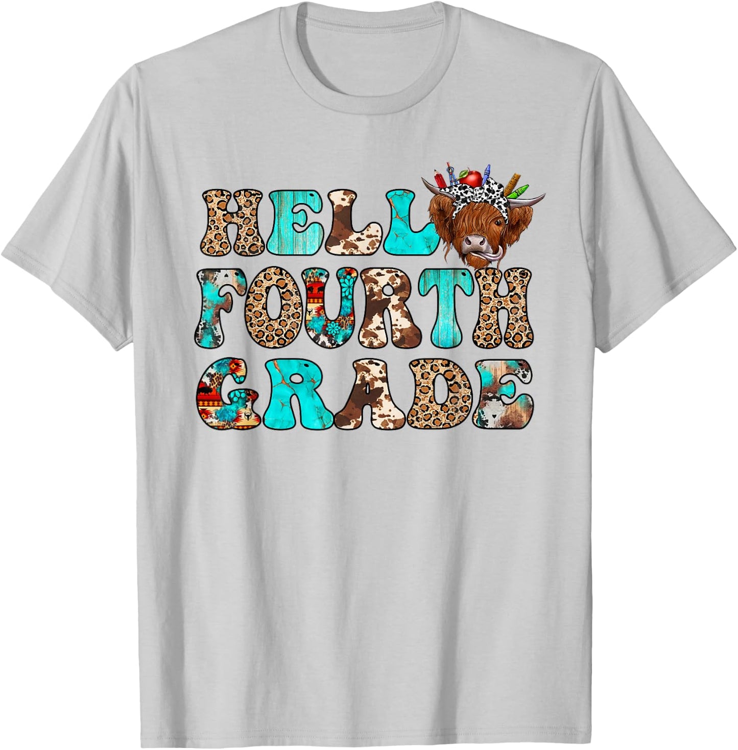 Hello Fourth Grade Team Highland Cow First Day Of 4th Grade T-Shirt - T-Shirt | Ash