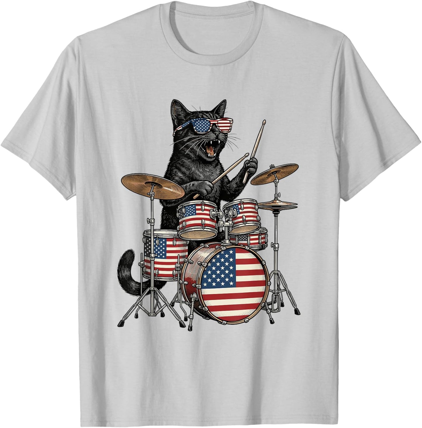 Cat Playing Drums American Flag Drumset 4th of July Drummer T-Shirt - T-Shirt | Ash