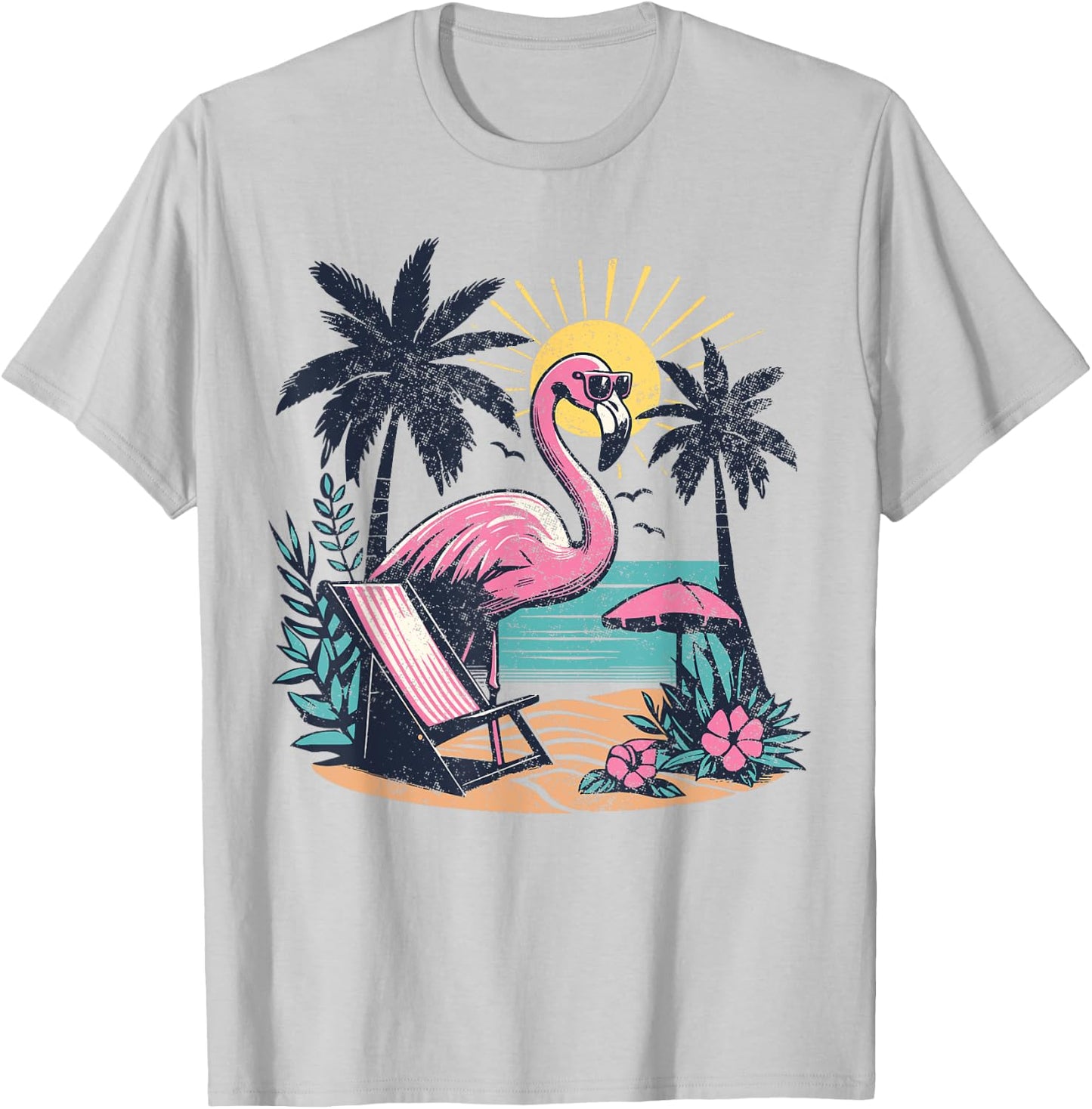Flamingo Beach Palm Trees Tropical Summer Vacation Men Women T-Shirt - T-Shirt | Ash