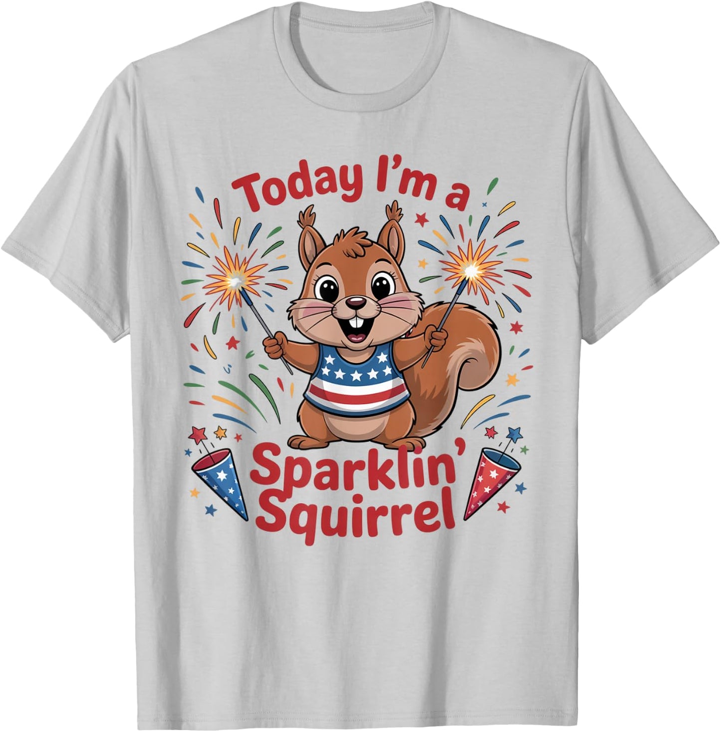 Sparklin' Squirrel 4th of July Fireworks Funny Cartoon T-Shirt - T-Shirt | Ash