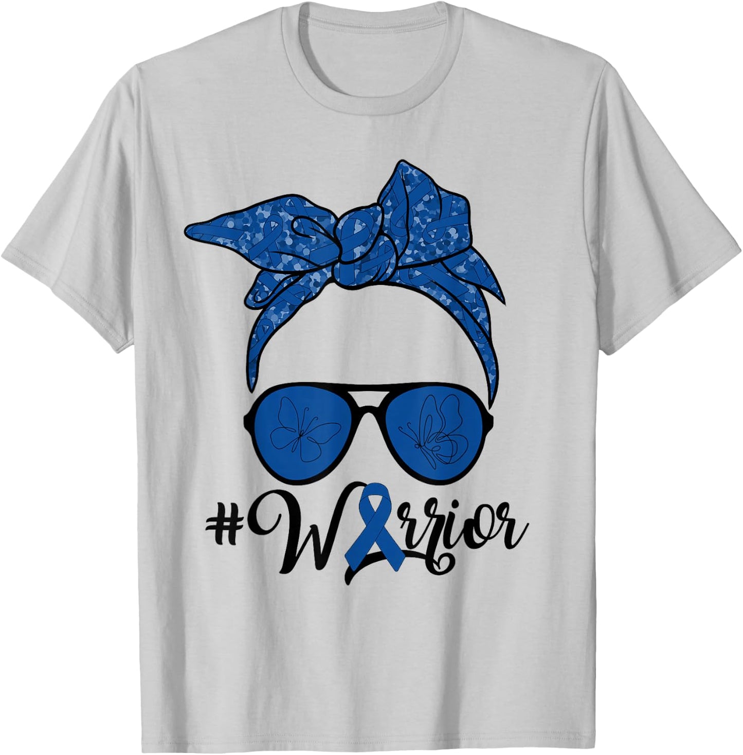 Messy Bun Woman With Dark Blue Ribbon Colon Cancer Warrior T-Shirt - T-Shirt | Ash