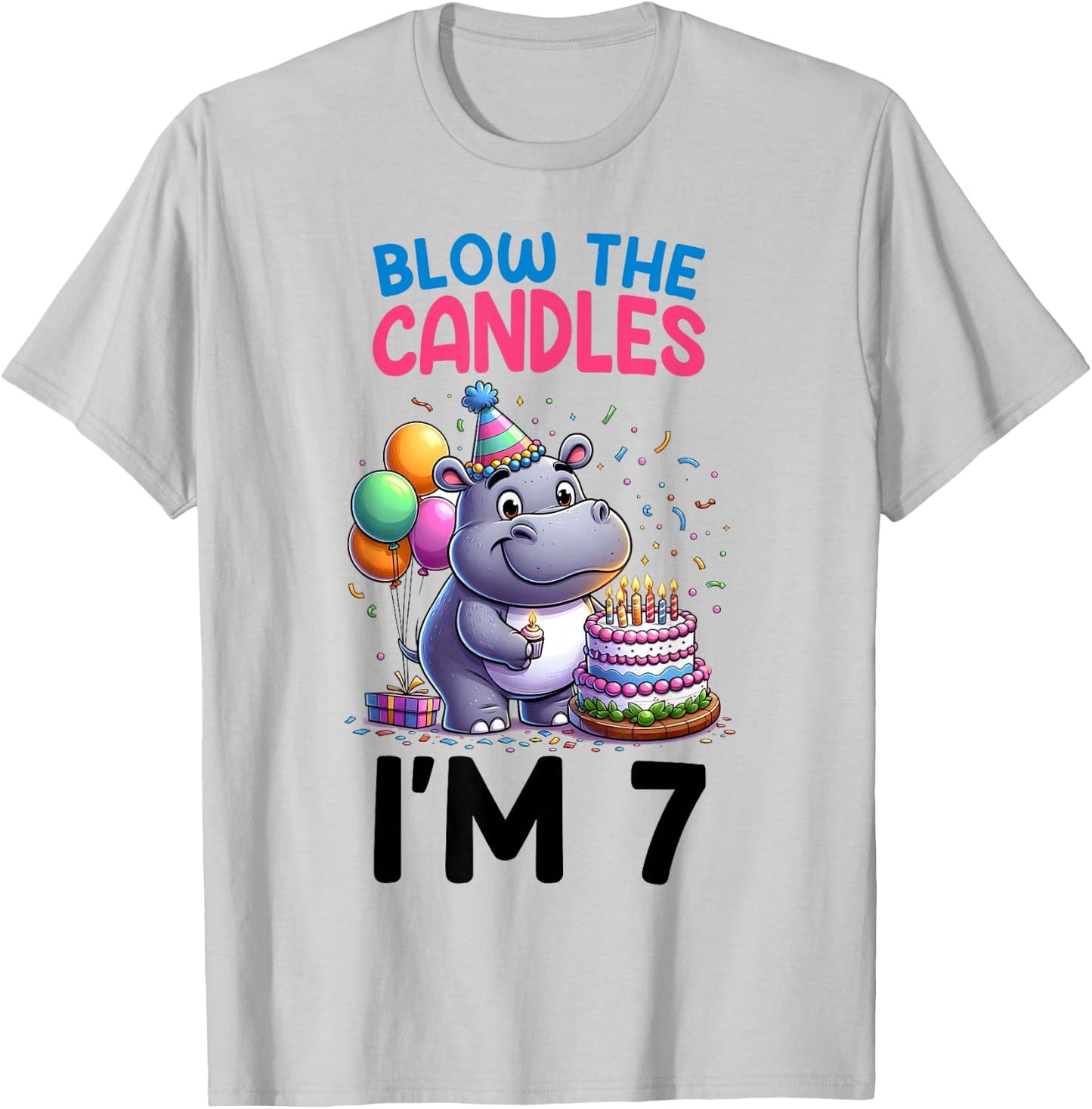 Hippo Kids 7th Birthday Party Boy 7 Year Old Bday Girl T-Shirt - T-Shirt | Ash