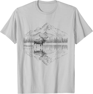 Moose and Mountain Reflection Nature Design T-Shirt - T-Shirt | Ash