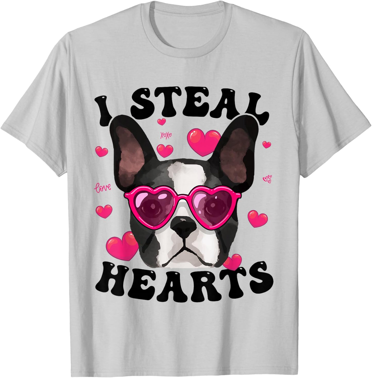 Boston Terrier Heart Glasses Girls Bostie Valentines Day T-Shirt - T-Shirt | Ash