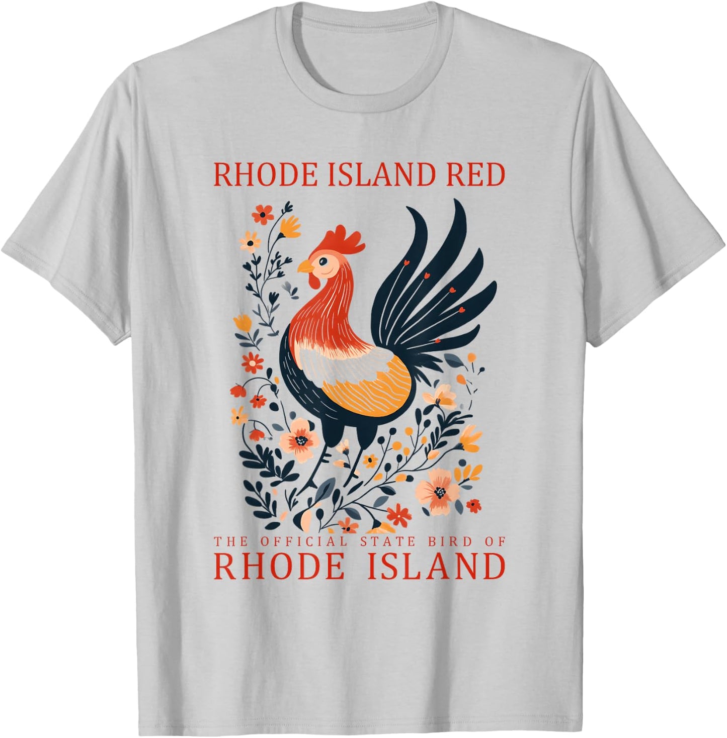 Rhode Island Red State Bird Rooster Folk Art T-Shirt - T-Shirt | Ash