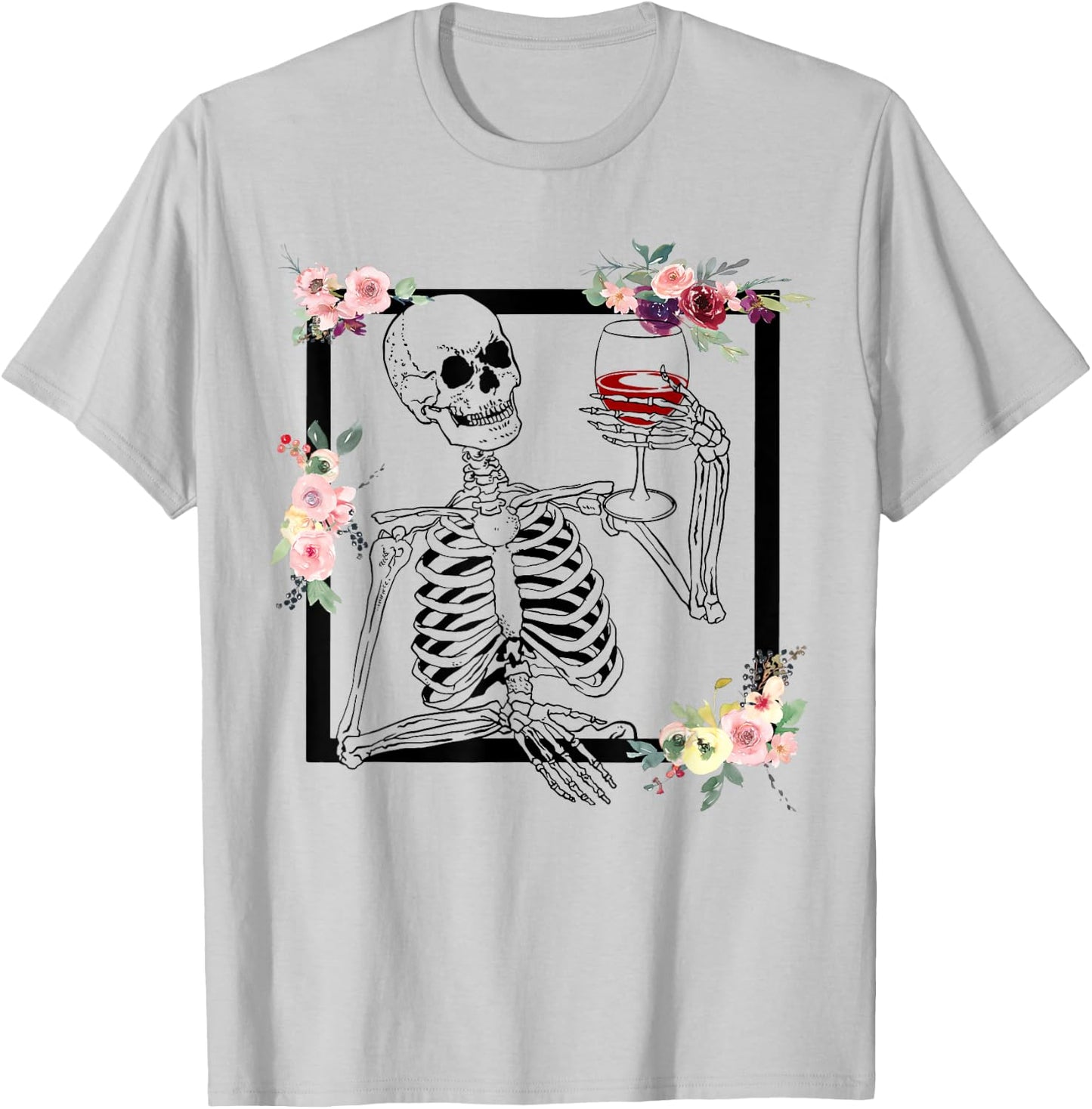 Halloween Funny Hallo-Wine Floral Skeleton Drinking Wine T-Shirt - T-Shirt | Ash