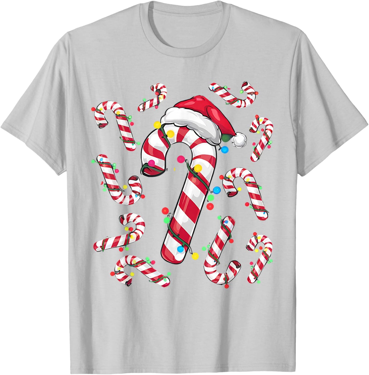 Cute Christmas Candy Cane Santa Hat and Christmas Lights T-Shirt - T-Shirt | Ash