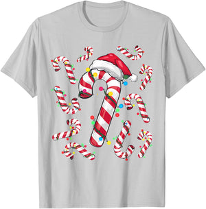 Cute Christmas Candy Cane Santa Hat and Christmas Lights T-Shirt - T-Shirt | Ash